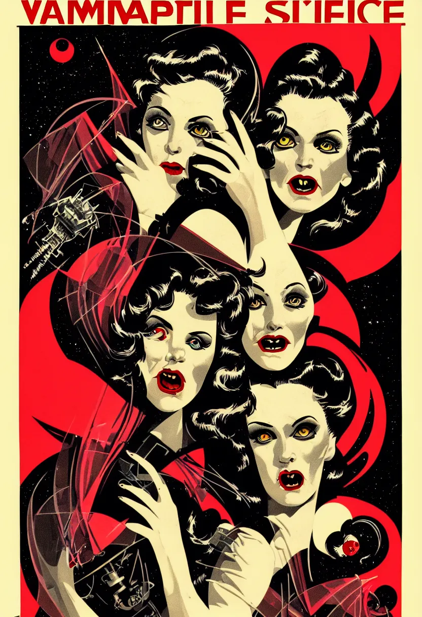 Image similar to vintage science fiction magazine poster of a vampire babe, vector art, 8k, highly detailed illustration