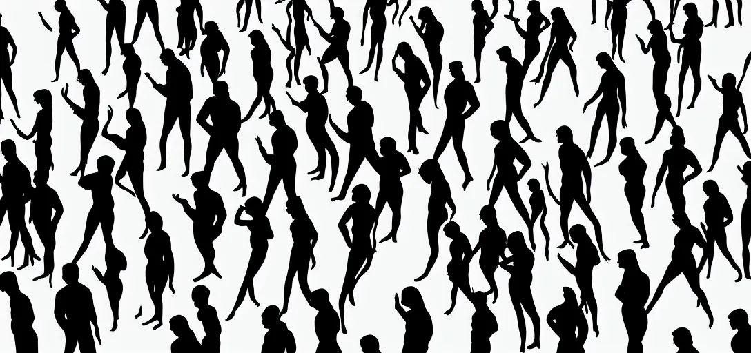 Image similar to many sensual humans in solid silhouettes, saluting, dancing, interacting and posing, mooc, organic and intricate, elegant, highly detailed, concept art, sharp focus, illustration, high contrast, long shadows, painted with colour on white, 8 k