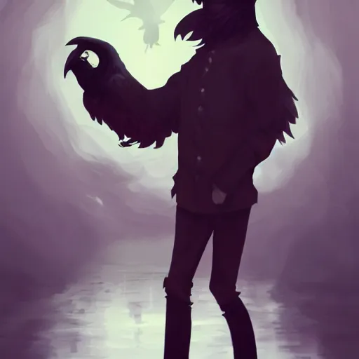 Image similar to Edgar Allan Poe as The Raven, a man with the nose of a raven, a haunting being that is part man and part bird, his nose is a black beak, ambient lighting, 4k, anime key visual, lois van baarle, ilya kuvshinov, rossdraws, artstation