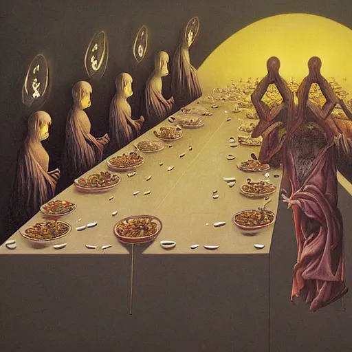 Prompt: pepe the frog eating in the last supper with disciples, floating dark energy surrounds them. there is one cow in the corner of the room, surrounded by a background of dark cyber mystic alchemical transmutation heavenless realm. highly detailed, vivid color, beksinski painting, part by adrian ghenie and gerhard richter. art by takato yamamoto. masterpiece