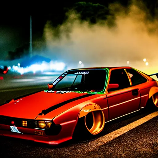 Image similar to a car S30 turbo drift at illegal car meet, Gunma prefecture, midnight mist lights, cinematic color, photorealistic, highly detailed wheels, highly detailed