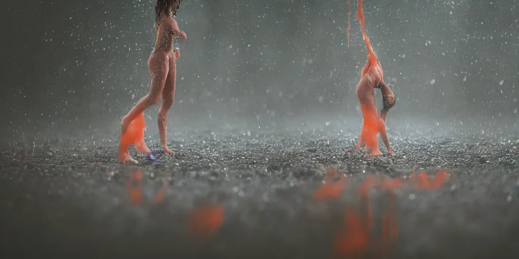 Image similar to a blurry closeup picture of gorgeous human bodies intertwined, female bodies, dripping wet, macro photography, long exposure photograph, surrealism, anamorphic bokeh, cozy, soft light, cyan and orange, caustic, atmospheric fog, octane render, cinematic