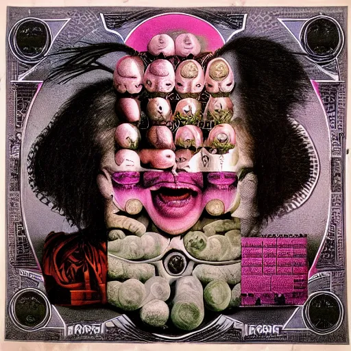 Image similar to post - punk new age album cover, asymmetrical design, dollar bank notes, capitalism, magic, apocalypse, psychedelic, black white pink, magic, giger h. r., giuseppe arcimboldo, peder aalto