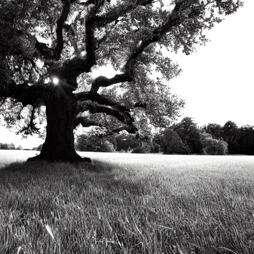 Prompt: a photo of a oak at the end of a field