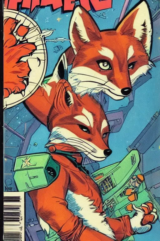 Prompt: 1 9 8 0 s comic book title cover scan, highly detailed professional comic art, featuring a portrait of the hero anthropomorphic fox mccloud from starfox fursona furry fox, in a space cadet outfit, heroic pose, 8 0 s sci - fi comic art