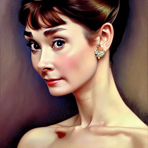 Image similar to audrey hepburn portrait, full of grace, very detailed and realistic oil painting, by artgerm and greg rutkowski and alphonse mucha
