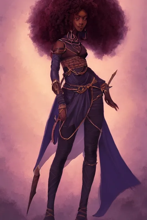 Image similar to beautiful ninja african princess with an afro. wearing cloak, medieval leather armor, artgerm, trending on artstation, d & d character concept art, inspired by brom, standing in medieval streets, bokeh