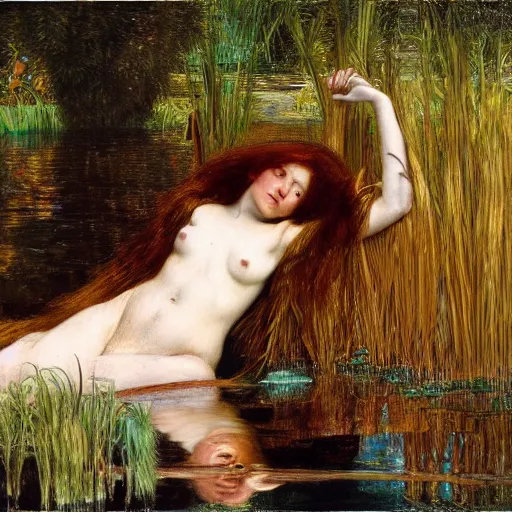Prompt: breathtaking masterpiece of art, elizabeth eleanor siddall as ophelia floating on the water in wet flowing clothes amongst the reeds by william holman hunt and rosetti, 8 k