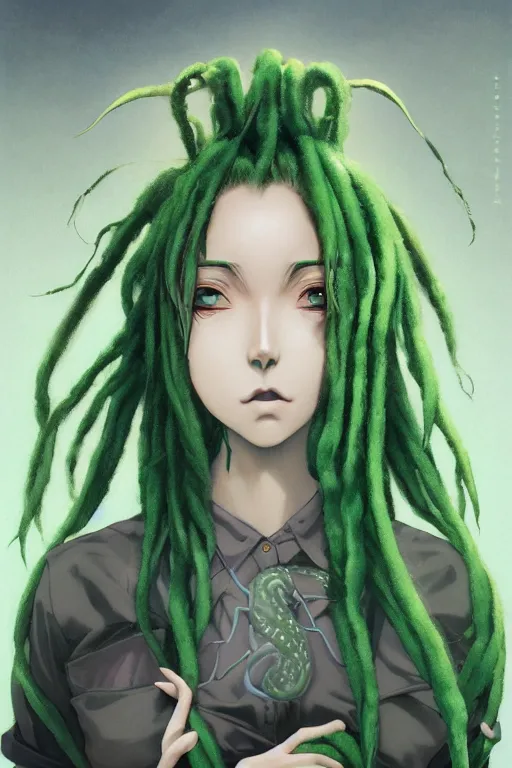 Image similar to portrait of an anime manga girl with green snake dreads, straight on portrait, by artgerm, james jean, tom bagshaw, gerald brom, vaporwave colors, lofi colors, vaporwave, lofi, goth vibe, 4 k, smooth, hd, substance designer render, full body character concept art, symmetrical,