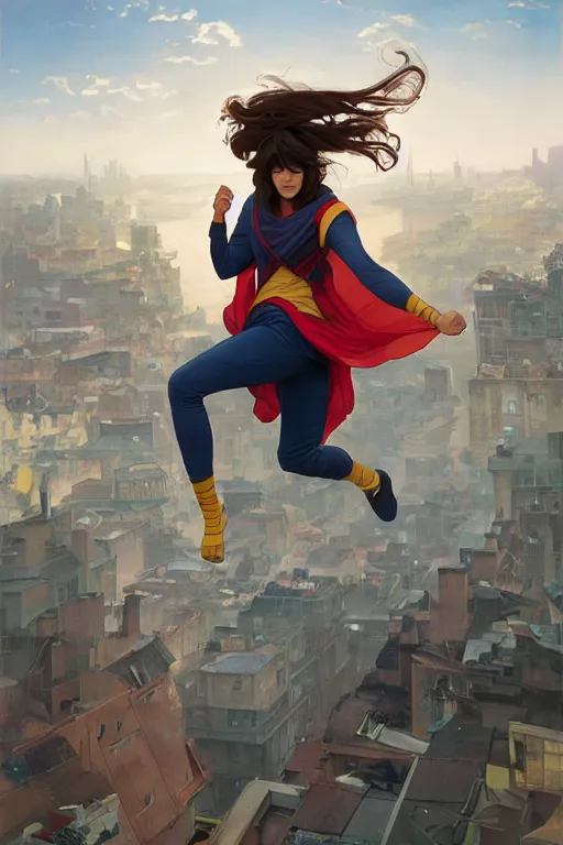 Prompt: A dynamic shot of Kamala Khan on a rooftop. MCU. masterpiece 4k digital illustration by Ruan Jia and Mandy Jurgens and Artgerm and greg rutkowski and Alexander Tsaruk and WLOP and william-adolphe bouguereau, award winning, Artstation, art nouveau aesthetic, Alphonse Mucha background, intricate details, realistic, panoramic view, Hyperdetailed, 8k resolution, intricate art nouveau