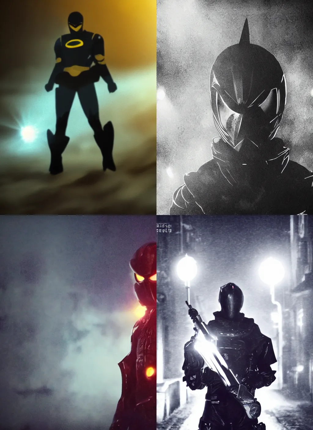 Prompt: hakaider portrait standing in a foggy alley at night standing in a spotlight, tokusatsu screencap, cinematic post process