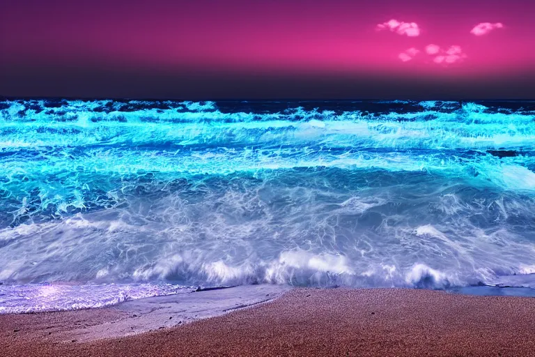 Image similar to bioluminescent waves, beach, night, landscape, relax atmosphere, magic atmosphere, photo realistic