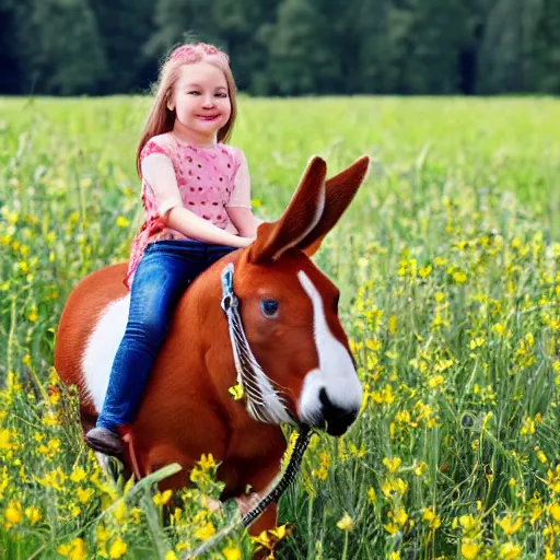 Image similar to Young girl riding on top of a horse-sized rabbit through a field