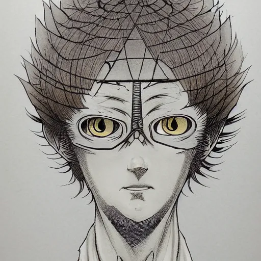 Image similar to prompt: Fragile looking vessel portrait face drawn by Katsuhiro Otomo, inspired by Dennis Ziemienski, magical and alchemical objects on the side, soft light, white background, intricate detail, intricate ink painting detail, sharp high detail, manga and anime 2000