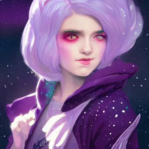 Image similar to a nonbinary changeling wearing a starry cloak, purple vest, white sleeves, aurora colored hair, starry eyes, curious expression, watching people on the street, character art, trending on artstation, artgerm, 4k ultra hd, sharp focus, digital art by Ilya Kuvshinov and Ross Tran,