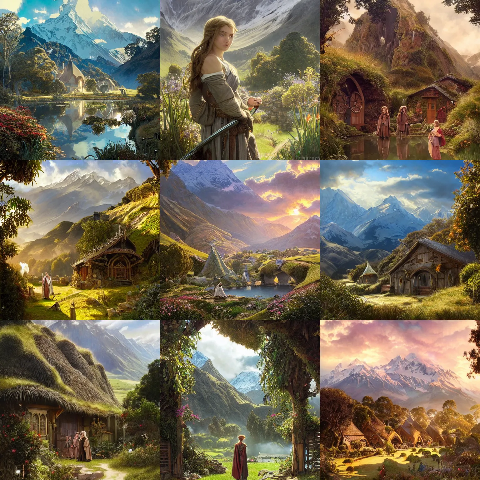 Image similar to a lord of the rings village in large new zealand landscape, shiny colors, high - key lighting, beautiful composition, intricate, elegant, pro photography by, highly detailed, art by artgerm and greg rutkowski and alphonse mucha