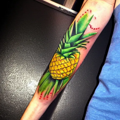 Prompt: professional 3 d render of a ripe luscious pineapple tattoo on an arm that's also edible