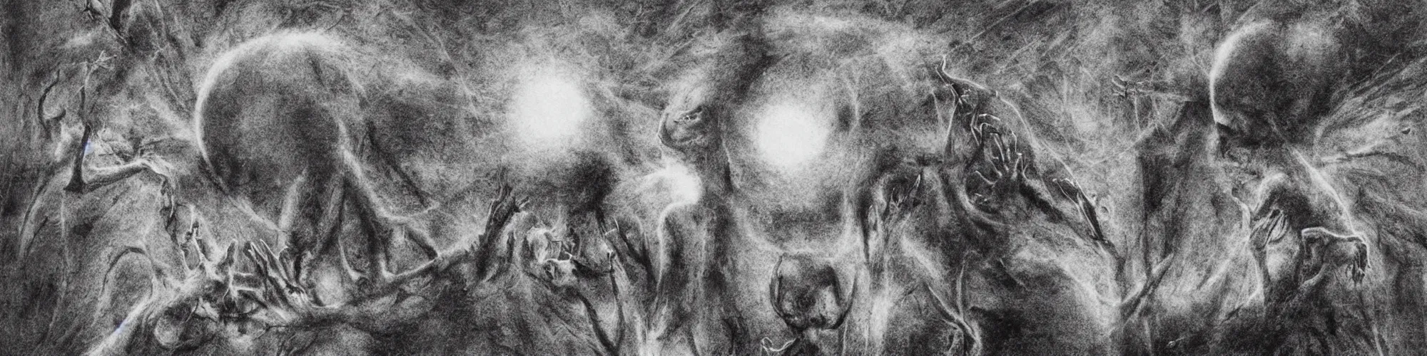 Image similar to dawn of creation ; first atom ; beings of darkness ; ethereal plane. extremely dark image. complete blackness. black and gray low - contrast image. dark, blur, charcoal illustrated by maurice sendak and stephen gammell and junji ito and dr seuss and tsutomu nihei