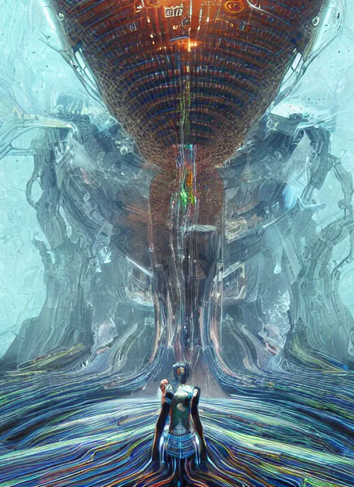 Image similar to a machine god in the machine universe encounters a living being organic cosmos inside an asymmetric orthogonal non - euclidean upside down inside out world with an infinite cosmic spiral waterfall of living information, inspired by android jones and blake foster, hyperrealistic, extreme detail, digital art, concept art, rendered in cinema 4 d, cryengine 8 k