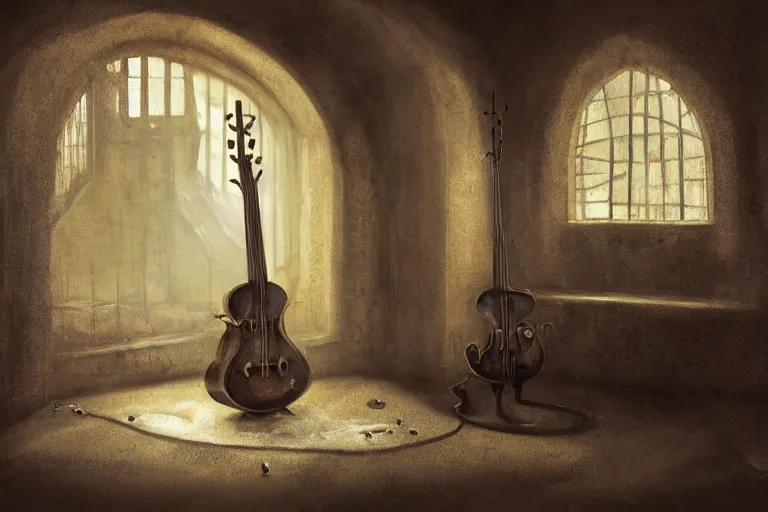 Image similar to still life painting, musical instument alone - a lute with smoke wisping up from its smoldering string, cursed baroque with ebony inlay, designed by brian froud and hr giger leans against the wall alone, abandoned. an empty brutalist chamber, lonely, somberlate afternoon lighting cinematic fantasy painting by jessica rossier