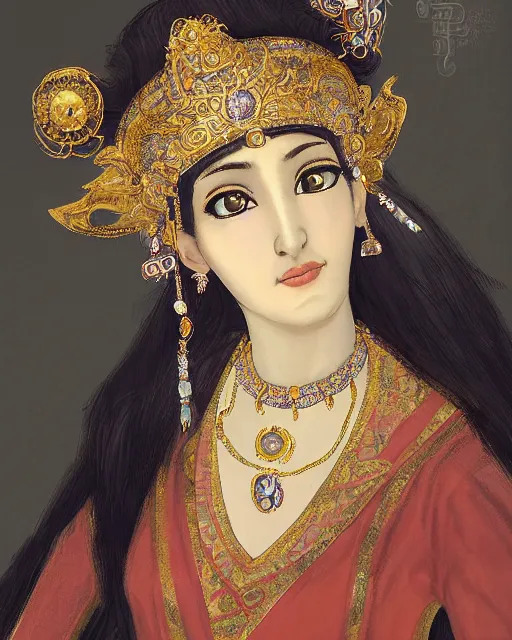Image similar to portrait of a beautiful greek woman +diadem with facemask and feather crest+ long hairs and complex hairdressing+antique greek tunique+symmetric face, symmetric body+gold jewels, collar, earings, rubis, sapphire, topaz,citrite+gods of olympe+ in the style of saint seiya + by Joongwon Jeong and Kei Mieno, artsation, unreal engine render, octane render