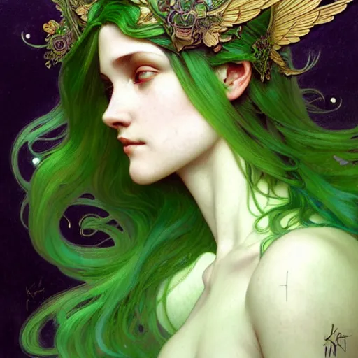 Prompt: Portrait of a girl with green hair and glowing halo and highly detailed intricate wings, art nouveau, fantasy, intricate, elegant, highly detailed, digital painting, artstation, concept art, smooth, sharp focus, illustration, art by Krenz Cushart and Artem Demura and alphonse mucha