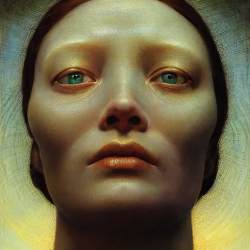 Prompt: Woman masterpiece, golden halo behind her head, open eyes, glowing eyes, by Edgar Maxence and Ross Tran, Zdzisław Beksiński, and Michael Whelan, distant, gustav dore, H.R. Giger, 8k, octane render