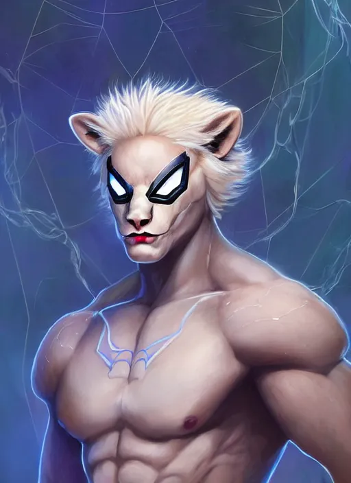 Image similar to aesthetic portrait commission of a of a male fully furry muscular anthro albino lion wearing an attractive sci-fi cybperpunk Spiderman suit with a tail and a beautiful attractive hyperdetailed face at golden hour. Character design by charlie bowater, ross tran, artgerm, and makoto shinkai, detailed, inked, western comic book art, 2021 award winning film poster painting