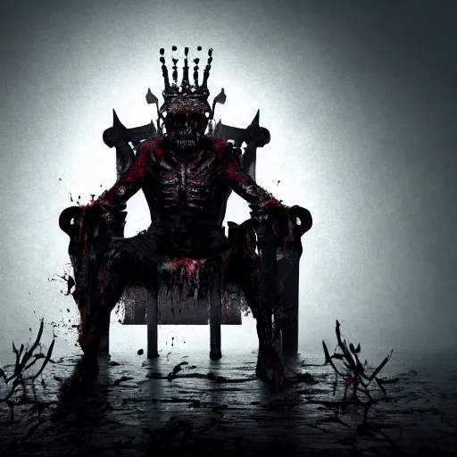 Image similar to the king of death, sitting on throne, blood splatters, shadows, hyperrealistic, dead bodies in the background, high resolution, 8 k