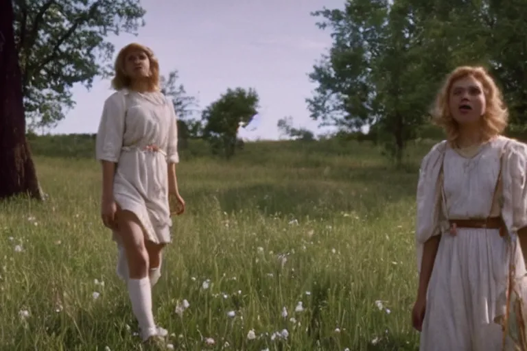 Prompt: vhs 1 9 8 0 s cinema footage of a scene from the movie midsommar directed by ari aster, film grain