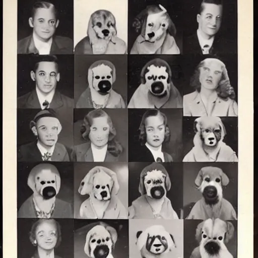 Image similar to a 1940s yearbook photo of animals dressed as people