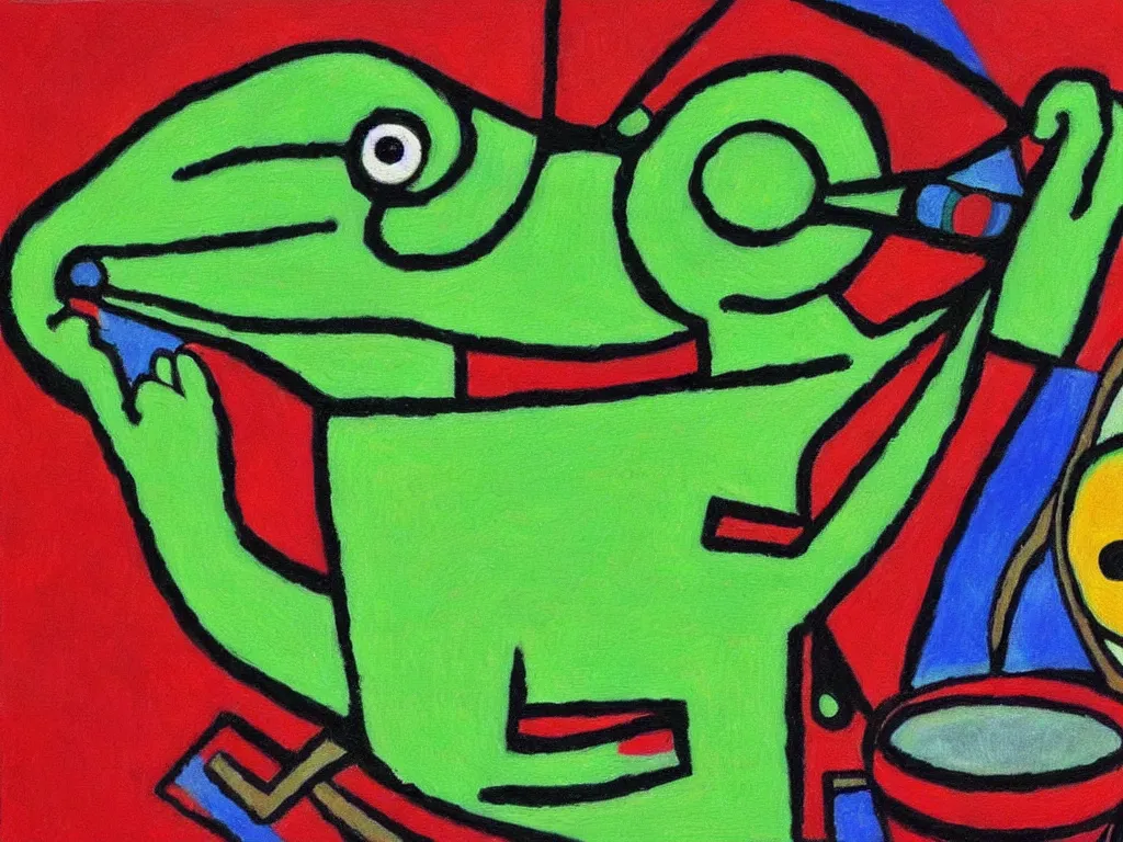Image similar to portrait of a cyclops pepe! the frog! drinking coffee in the style of kandinsky, oil painting