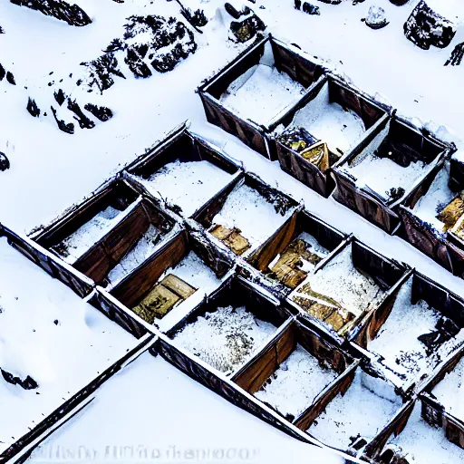 Prompt: abandoned mine and crates full of supplies buried in snow::2 snowy region on coast of Iceland, aerial drone perspective, top down view ::1 sattelite image of snow from 250 meters height, some coal boxes and barrels are covered in snow, old mine remains :: 1 post apocalyptic, snowstorm ::5