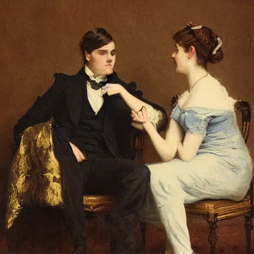 Image similar to young victorian man and woman solving an escape room riddle, sitting, thinking painted by alfred stevens