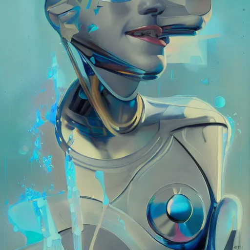 Image similar to scifi futurism automaton minimalism chrome by peter mohrbacher art Hajime Sorayama airbrush hyperrealism model abstract shatter fragments cubism futurism pastel blue soft flat minimal minimalism portrait face jackson pollock ukiyo-e lithograph mark ruthko swirl escape noise shimmer glow paint