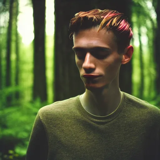 Image similar to close up kodak portra 4 0 0 photograph of a skinny guy standing in dark forest, face of flowers, moody lighting, telephoto, 9 0 s vibe, blurry background, vaporwave colors, faded!,