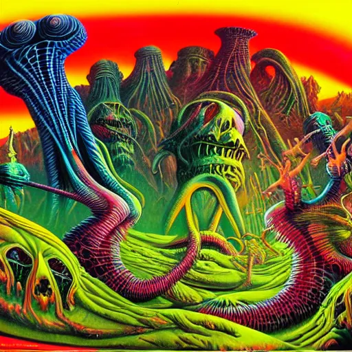 Image similar to thrash metal album cover in the style of roger dean, realistic, sharp focus, 8k high definition, insanely detailed, intricate, smooth, airbrush, art by kenny scharf and philippe druillet