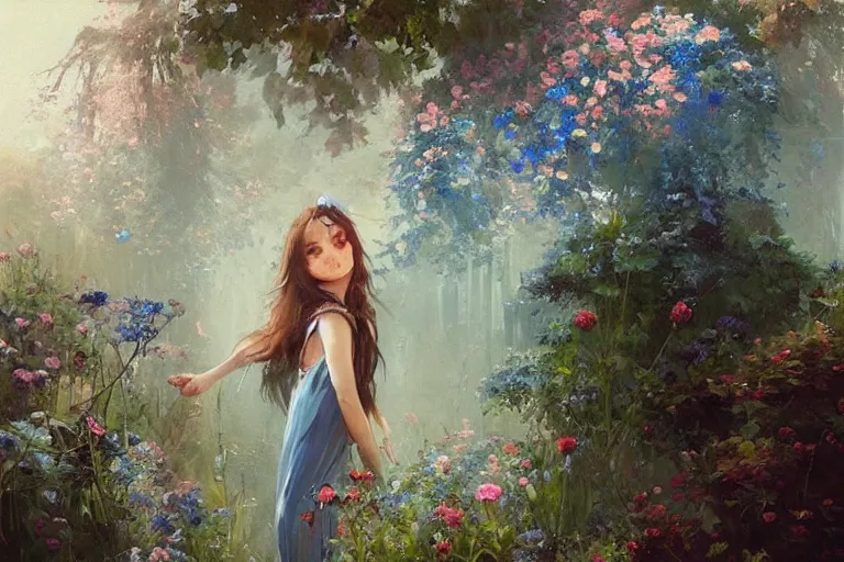 Image similar to a beautiful painting of blue roses garden, girl, by greg rutkowski, trending on artstation