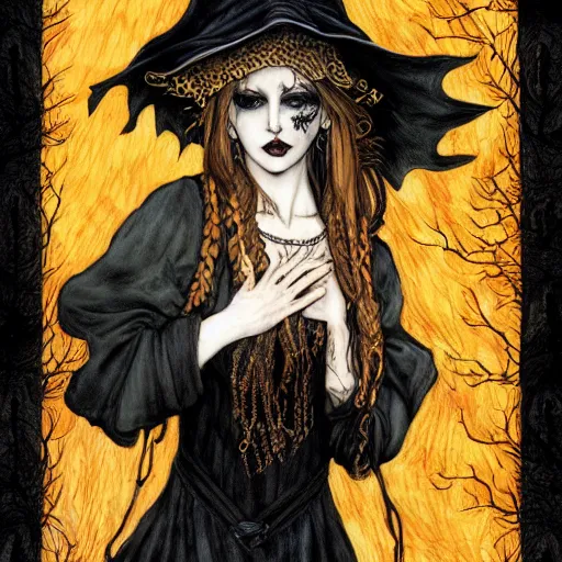 Image similar to Rebecca Guay artwork spooky wicher hat hallowen, digital art, highly detailed, illustration, elegant, digital painting 4K UHD image,fashion photography