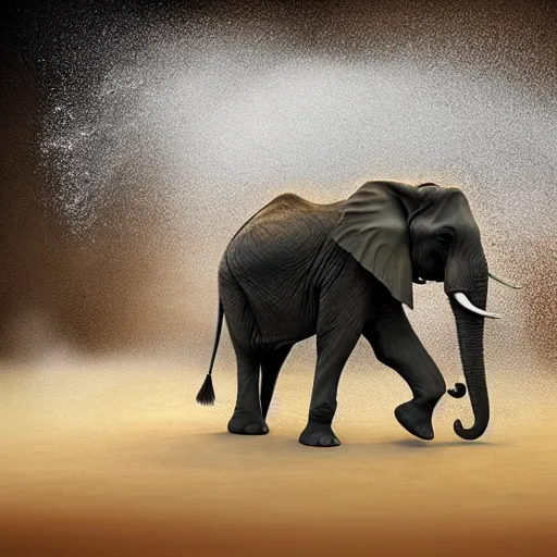 Image similar to an elephant crumbles and turns into dust that disperses in the air, photorealistic