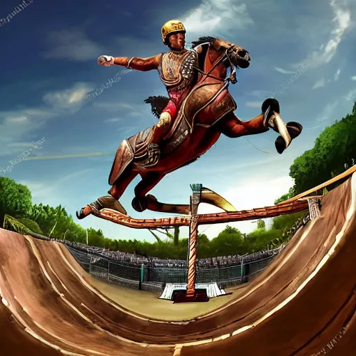 Image similar to roman horse chariot racer high jumping in a skate park half-pipe, video game cover, intense, high detail