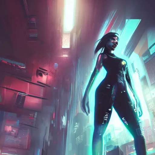 Prompt: young woman standing towards camera, medium shot, hyper detailed, cyberpunk, cinematic