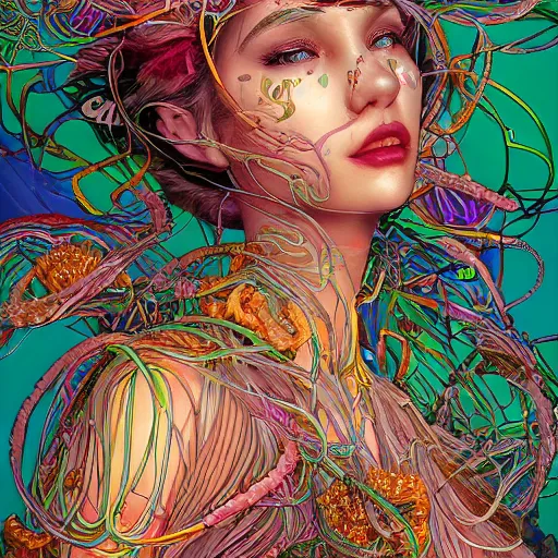 Image similar to the portrait of a ridiculously beautiful and elegant woman partially made of onion rings of all colors, an ultrafine detailed illustration by james jean, final fantasy, intricate linework, bright colors, behance contest winner, vanitas, angular, altermodern, unreal engine 5 highly rendered, global illumination, radiant light, detailed and intricate environment