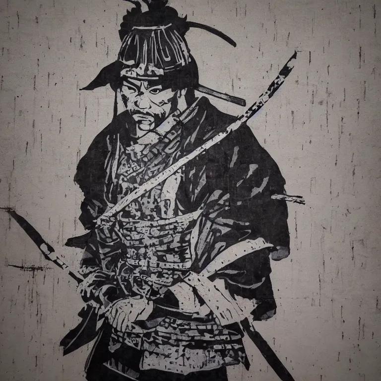 Prompt: Street-art portrait of samurai in style of Banksy, photograph, photorealism, detailed, award wining, 4k