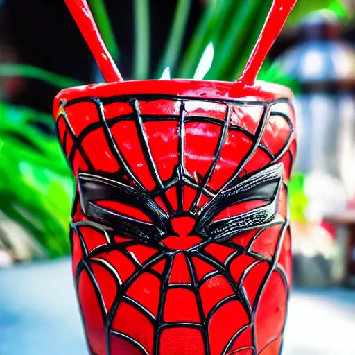 Image similar to a closeup photorealistic capture of glossy spider man style tiki mug at an outdoor trader vic's bar featuring the face of spider man. tiki theme. bright scene. fine detail. this 4 k hd image is trending on artstation, featured on behance, well - rendered, extra crisp, features intricate detail, epic composition and the style of unreal engine.