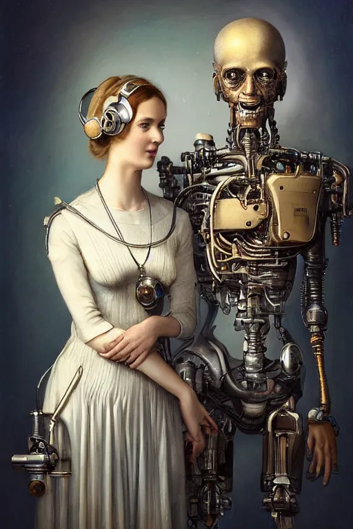 Image similar to a beautiful ultradetailed vintage couples portrait photo of old cyborg standing next to a cyborg sitting on a chair, by tom bagshaw and anna dittman, couples portrait, vignette, 35mm lens, golden ratio composition, detailed faces, studio photography, very detailed, humanoids, artstation, 8k, highly coherent