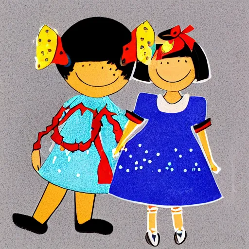 Image similar to children's book illustration of little girl black hair cut in a bob with bangs wearing a blue dress with jingle bells sewn all over at a halloween costume contest