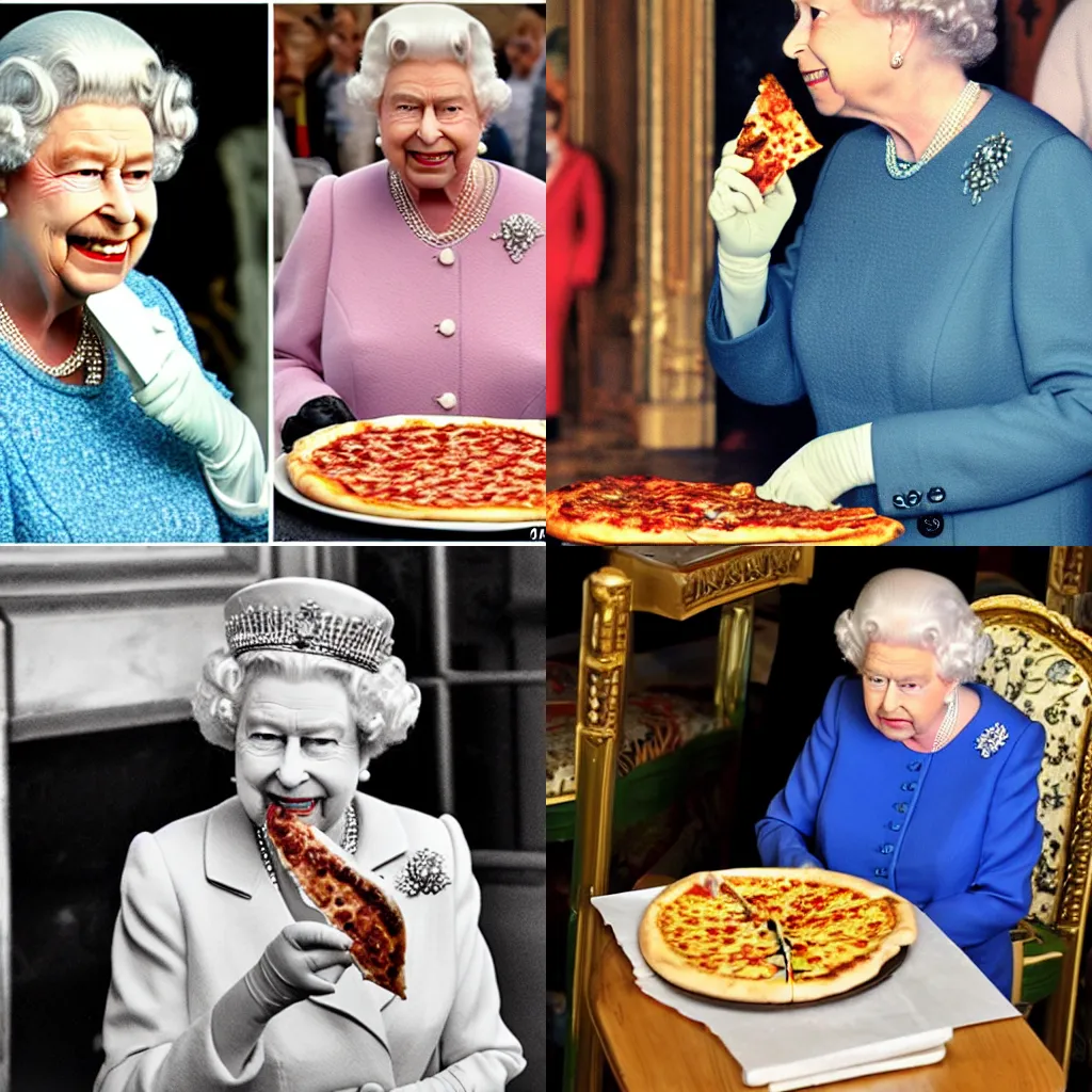 Prompt: queen elizabeth II eating a pizza