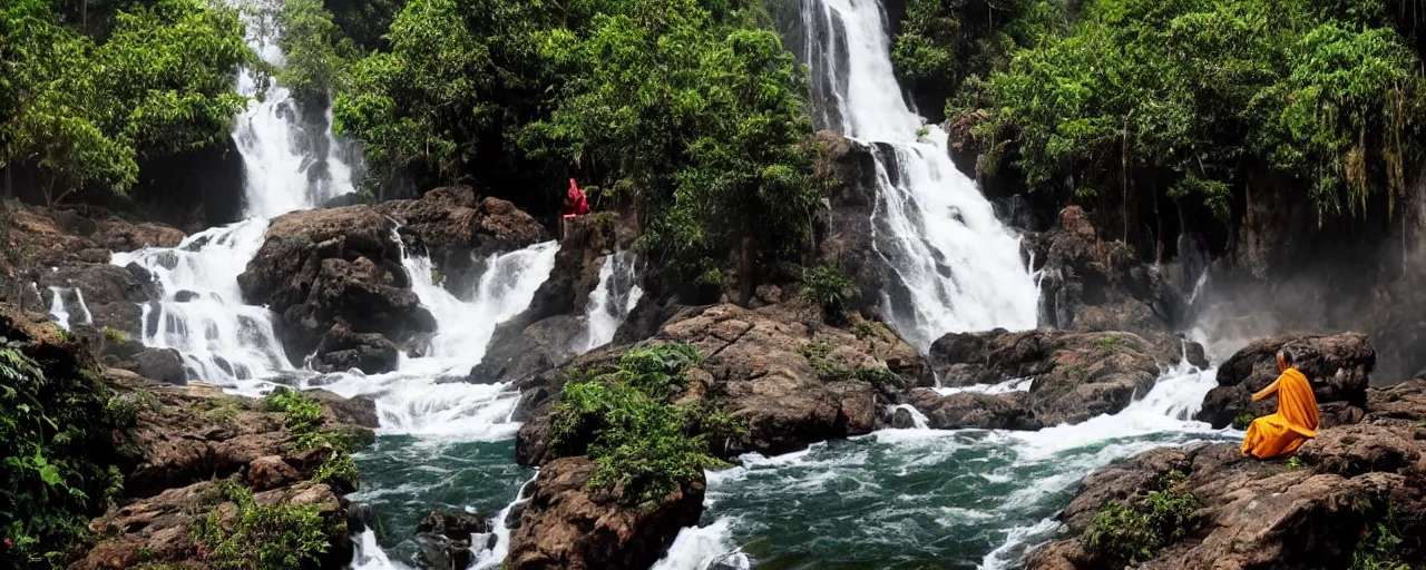 Image similar to a simply breathtaking shot of mediating monk at pongour falls in dalat, 7 layers waterfall, dang ngo