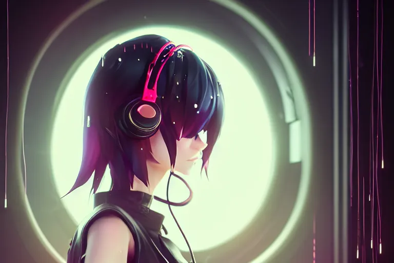 Prompt: a girl with headphones is looking at a rainy window in the style of a code vein character creation, cyberpunk art by Yuumei, cg society contest winner, rayonism light effects and bokeh, daz3d, vaporwave, deviantart hd